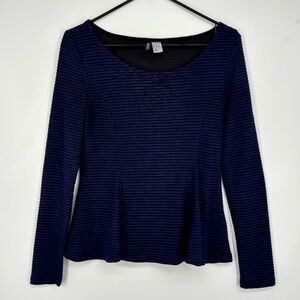 Divided H&M Juniors Medium Pullover Knit Top Navy Blue Peplum Hem Sheer Stripes